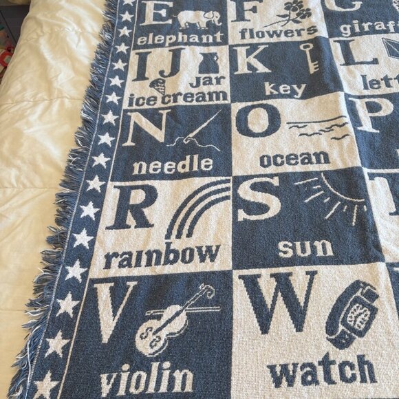 Vintage Blue/White Cotton Alphabet Tapestry Blanket Baby Toddler Nursery Decor - Picture 4 of 6